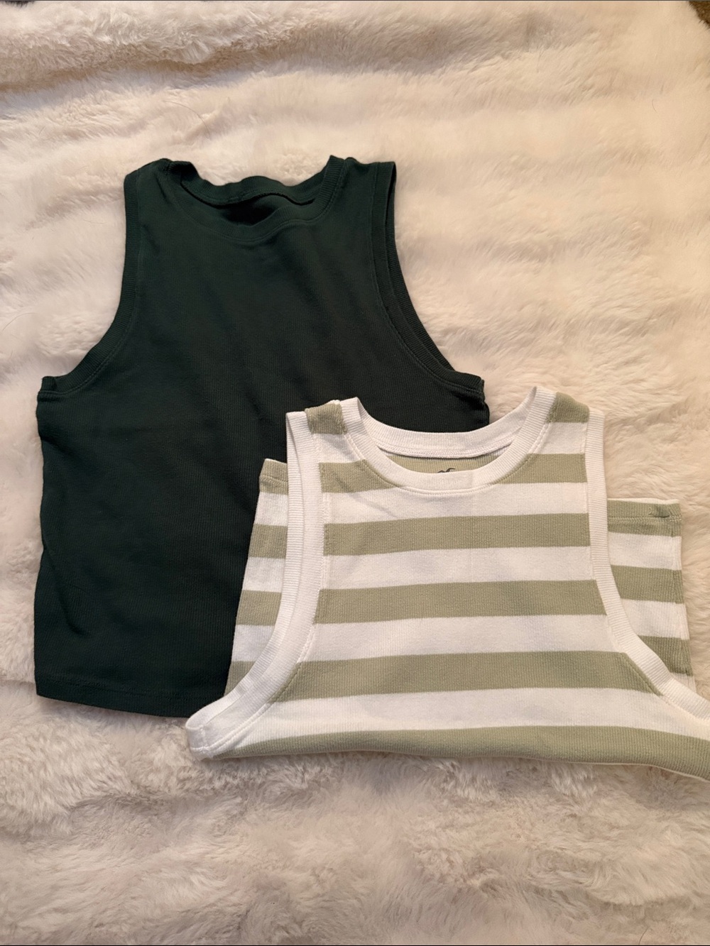 Hollister Olive Green Solid & White Olive Stripe Tank Set